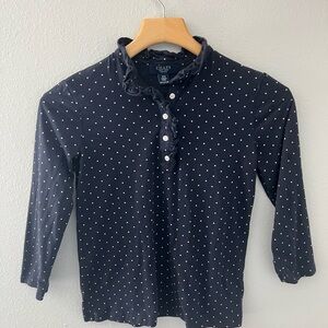 Chaps Dark Blue Ruffled Polka Dot Blouse